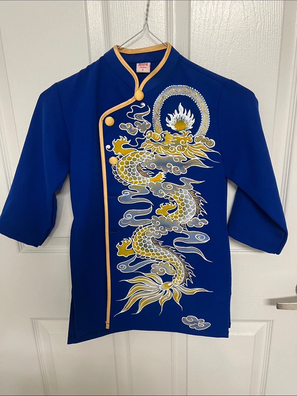 Blue Dragon Embroidered Kids Top with Gold Trim Ao Dai